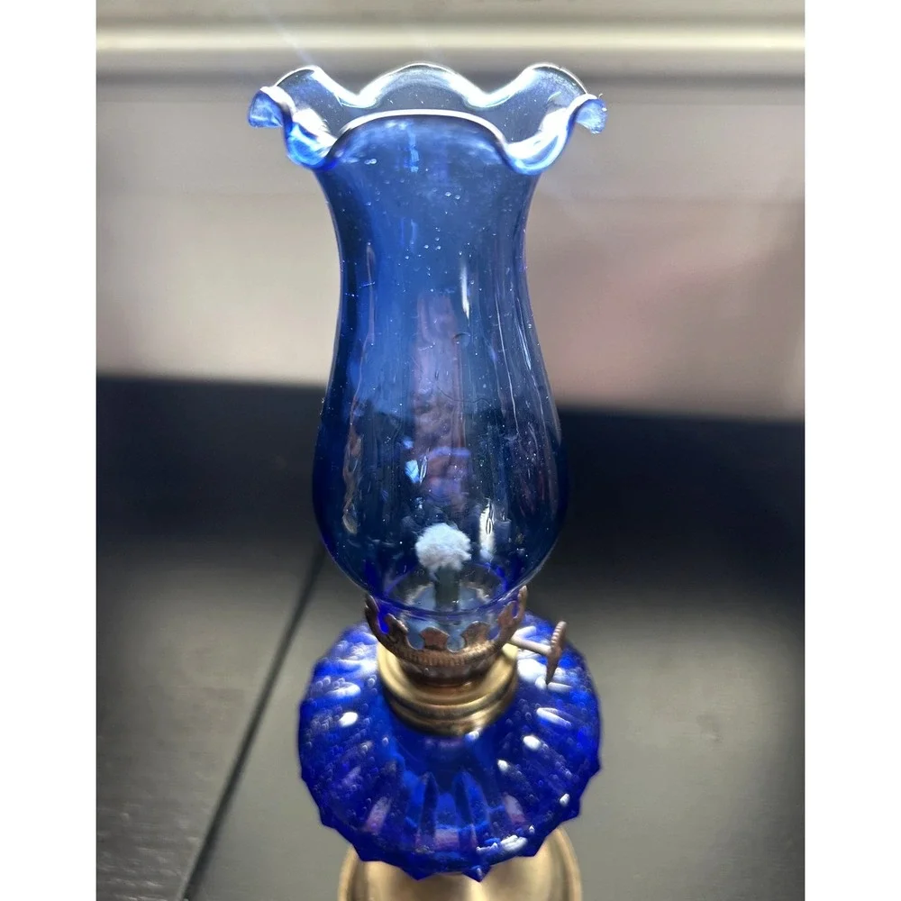 Vintage Mini Cobalt Blue Hurricane Oil Lamp Miniature Glass 6.75
